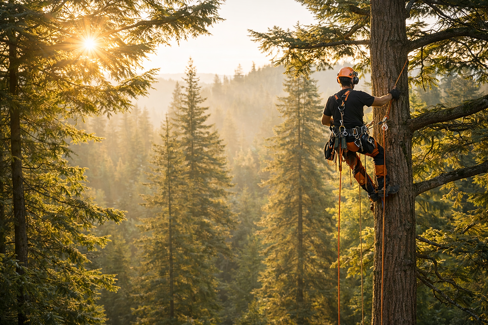 Professional tree service climber climbing a tree.