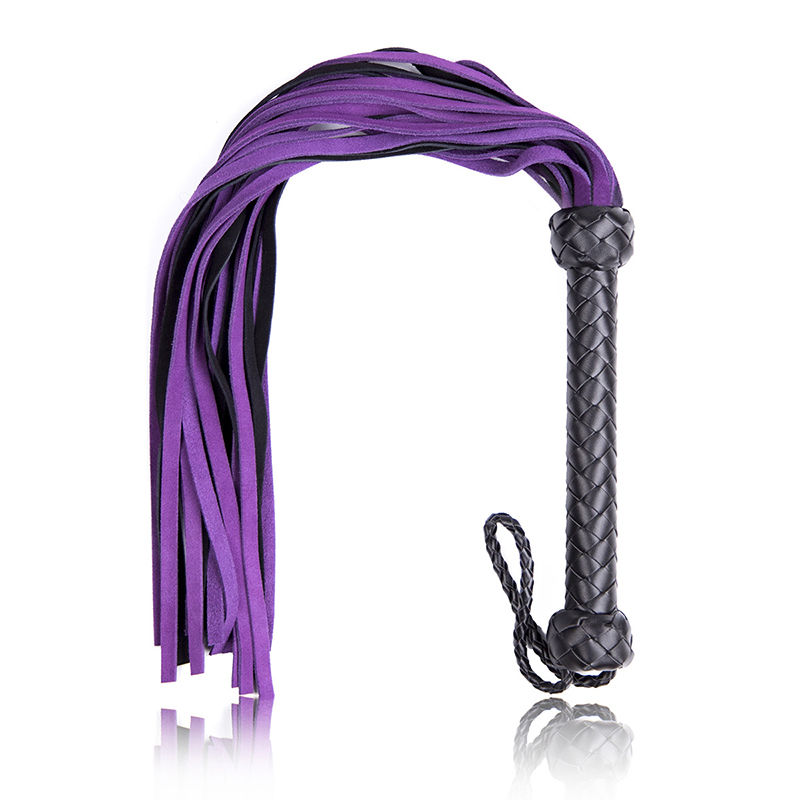 Leather Handle Purple Black Cowhide Spanking Flogger