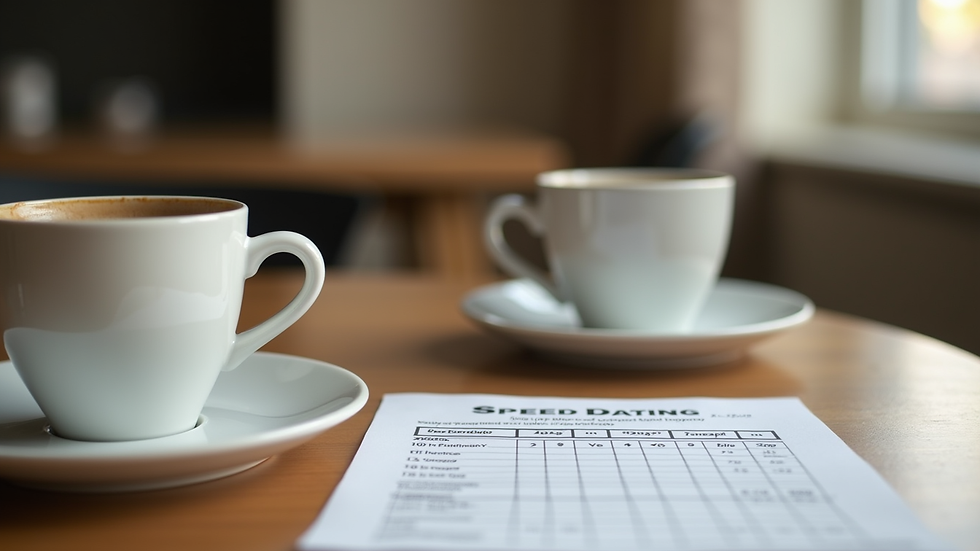 Close-up view of a table with two coffee cups and a speed dating scorecard