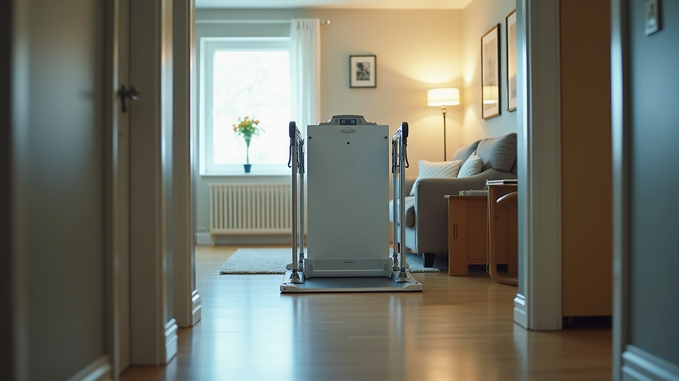 Eye-level view of a mechanical patient lift in a home setting