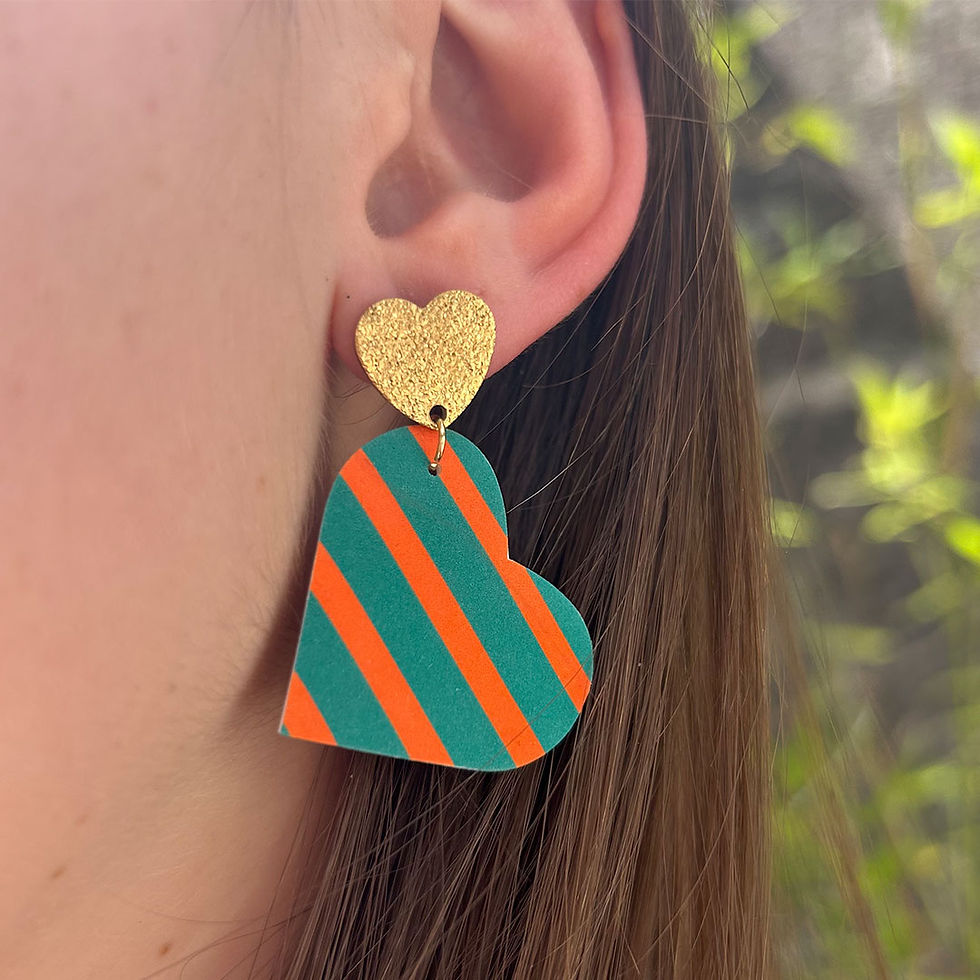 Miniature : Boucles d'oreilles coeur coloris vert rayures orange