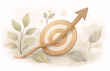 A soft-muted illustration of an arrow over a target, on a backdrop of leaves.
