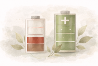 A soft-muted illustration of two batteries, one running empty, and other full.