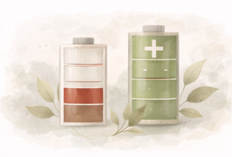 A soft-muted illustration of two batteries, one running empty, and other full.