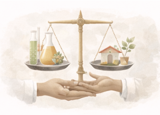 A soft-muted illustration of a pair of hands balancing a set of scales, with some science equipments on one side, and a home scene on the other.