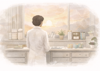 A soft-muted illustration of a scientist in a white coat, standing at a lab bench, staring out of the window.