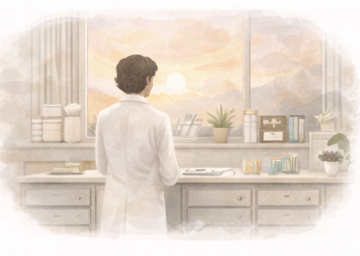 A soft-muted illustration of a scientist in a white coat, standing at a lab bench, staring out of the window.