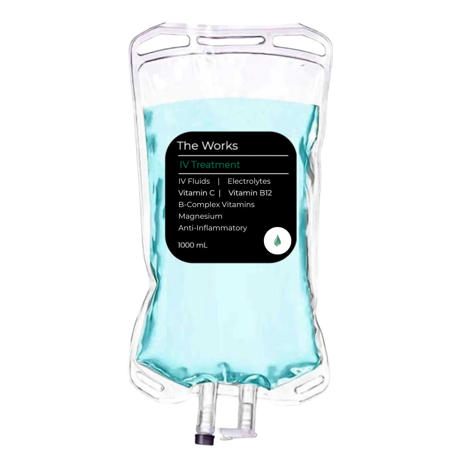 An IV drip with words written on its label describing the "The Works" treatment offering