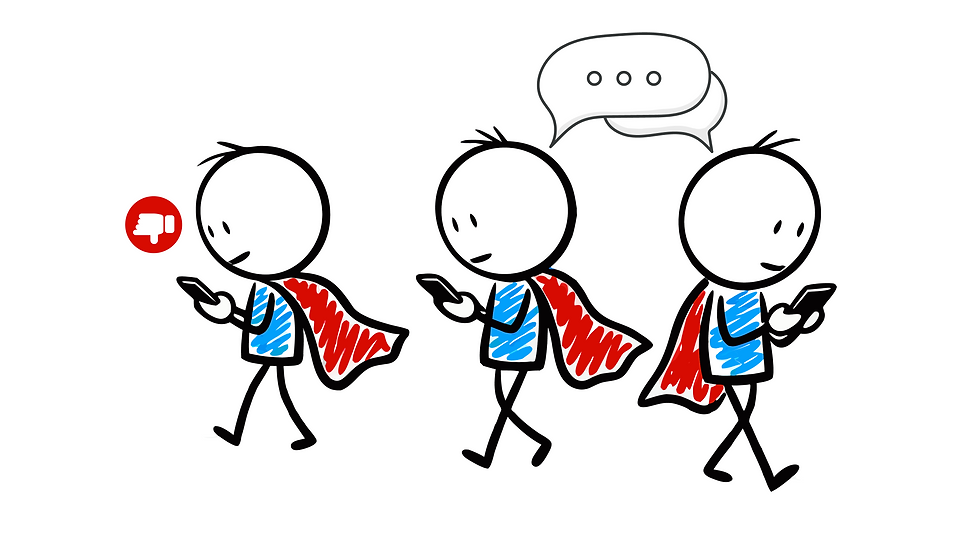 Stick figure with red cape and blue shirt on phone. Progression from sad with dislike icon to happy with speech bubble. White background.