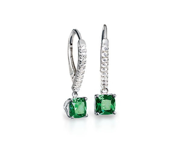 OHRCREOLEN SILBER MIT WEISSEN SWAROVSKI-KRISTALLEN UND GRÜNEM BOUTON