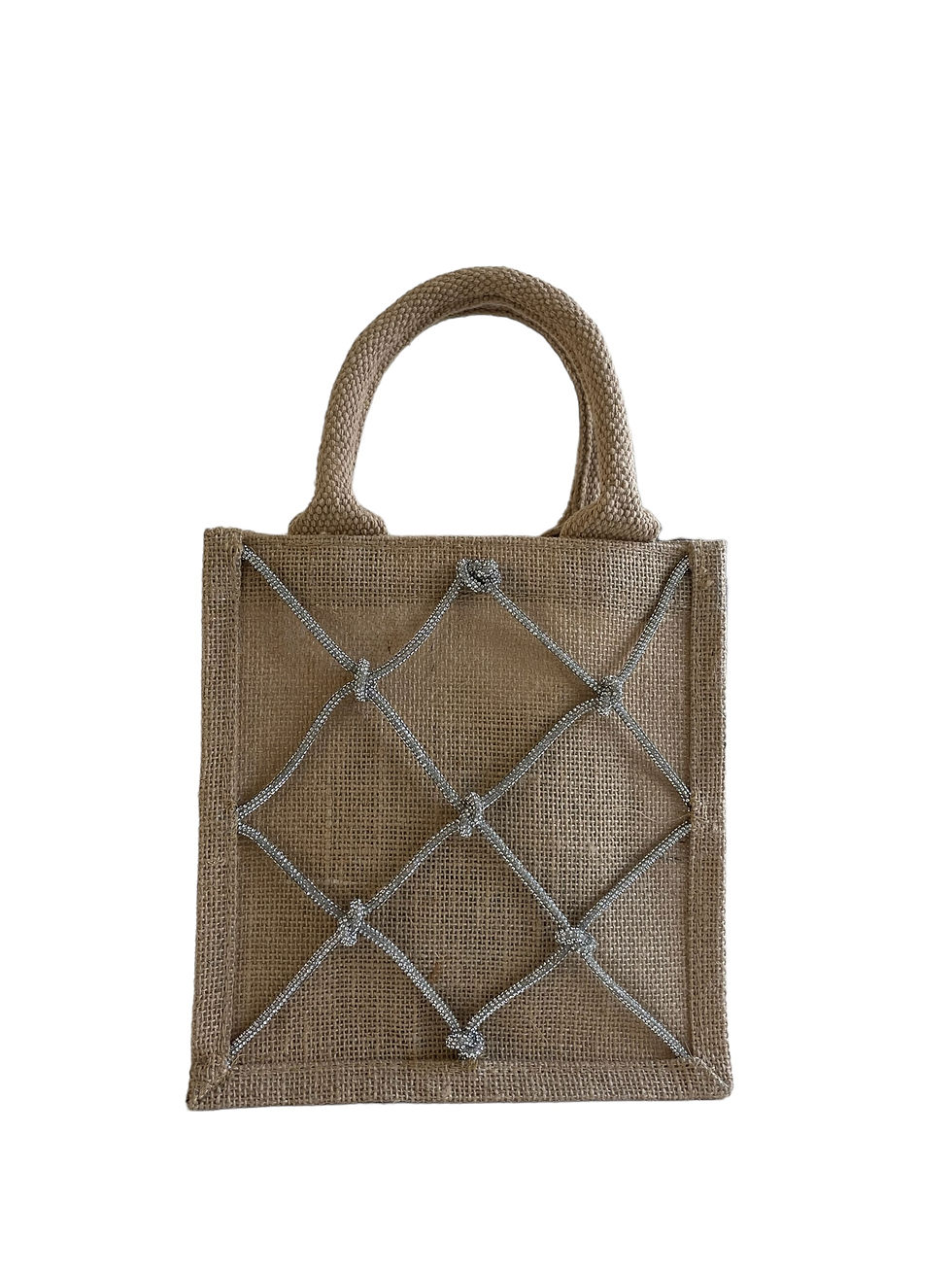 Jutetasche mit Silber glitzernden geflochtenen Bändern
