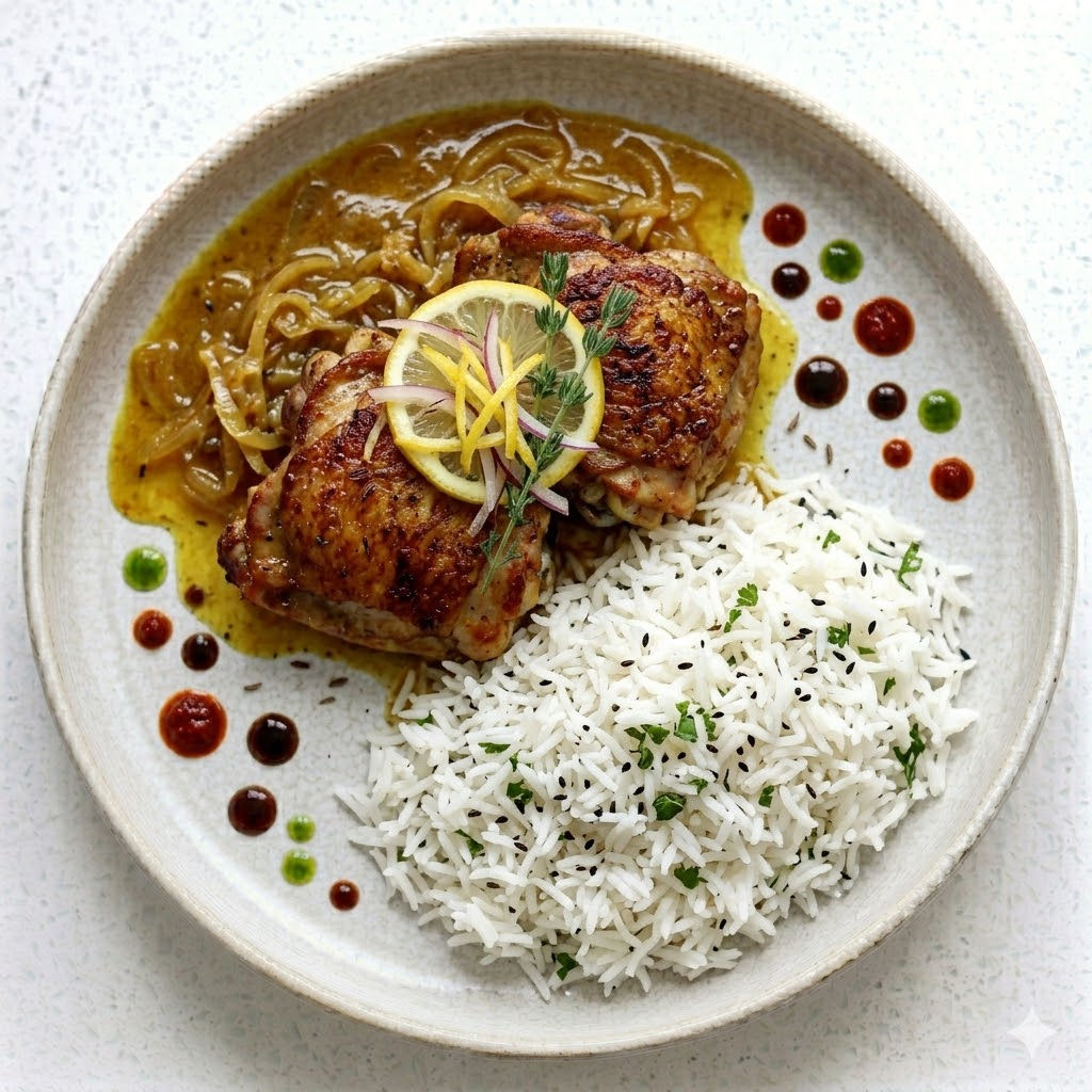 MONTAG: Yassa Hähnchen 540 kcal | Protein: 38g | KH: 55g | Fett: 18g