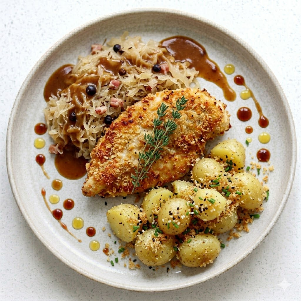 MONTAG: Hähnchenschnitzel 560 kcal | Protein: 41g | KH: 48g | Fett: 19g.