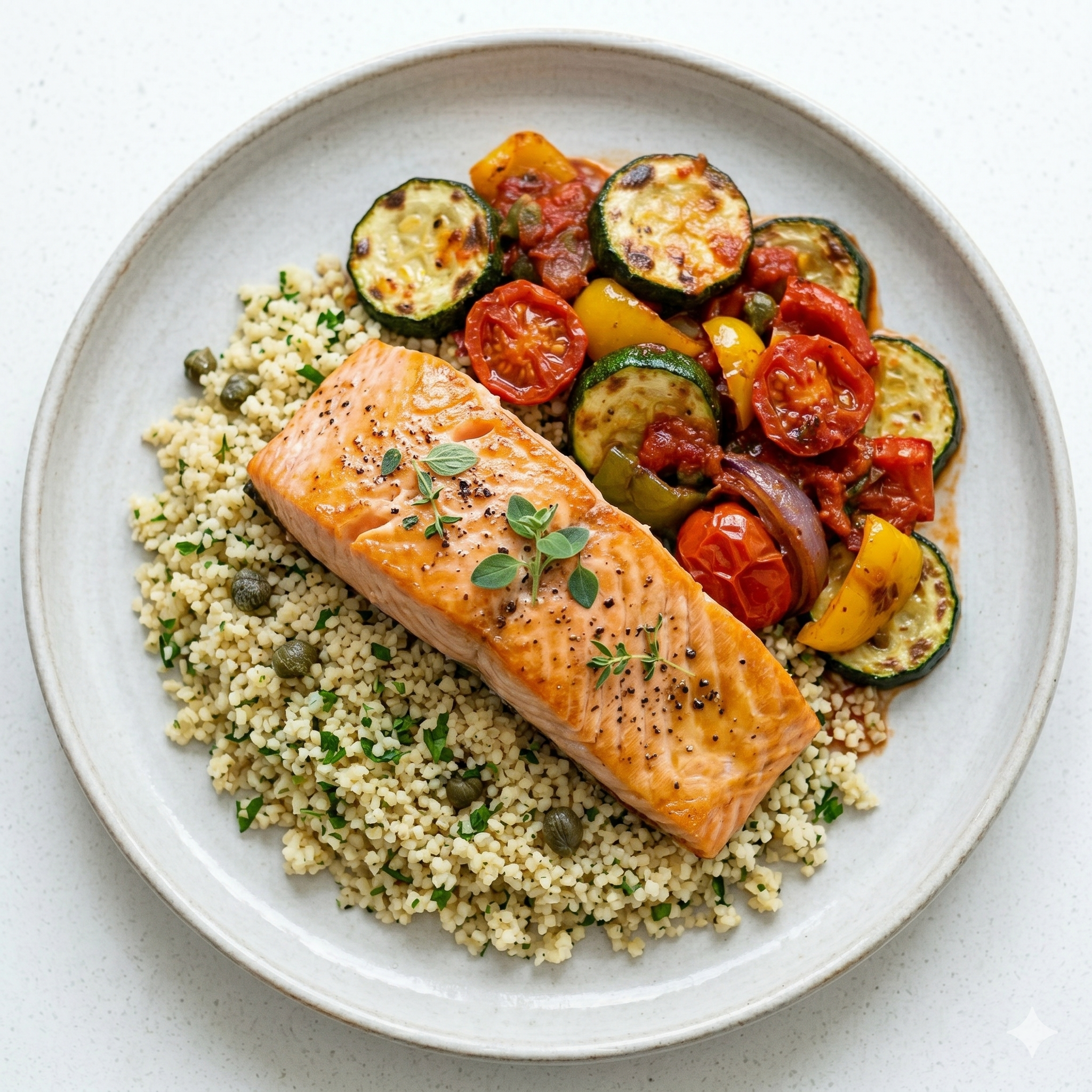DIENSTAG: Mediterraner Lachs 560 kcal | Protein: 41g | KH: 42g | Fett: 22g