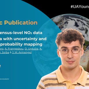 Title of the publication on semi-transparent turkoise circular disc part on visual featuring the portaits of a couple of young researchers, Alvaro and Cristina. Beghind them the globe at the black space. The logos of BSC and UrbanAIR project and the hashtag #UAYoungresearchers are featured in the diagonally opposite corners of the visual