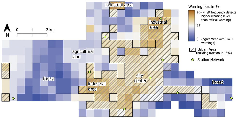 Map of study area showing the spatial distribution of PHSP warning bias compared to official heat warnings in %. Values represent the percentage of days when PHSP detected at least one warning level higher the official heat warnings at each 512 x 512 m pixel (JJA 2023).