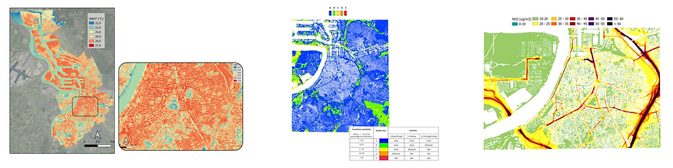 Visualisations by physical models simulating urban heat stress, wind comfort and air quality in Antwerp.