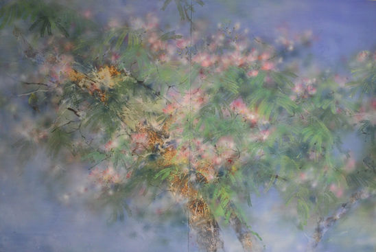 A delicate painting of a mimosa tree swaying in the summer breeze, created with mineral pigments on Japanese paper mounted on wood. Soft pink blossoms and feathery green leaves emerge from a textured, sunlit trunk, blending into a dreamy background of misty blues and purples. The composition captures the fleeting beauty of nature, evoking a sense of lightness and movement.