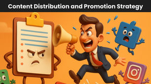A cartoon businessman with a megaphone promotes content toward animated social media icons while an annoyed clipboard character reacts.