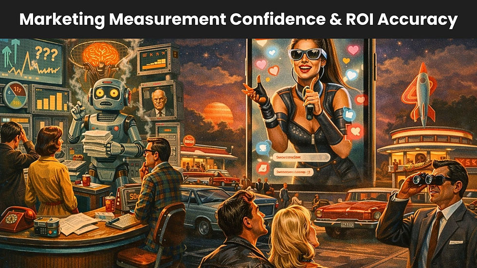 Retro-futuristic scene contrasting AI-driven marketing analytics with influencer engagement to illustrate confidence in marketing measurement and ROI accuracy.