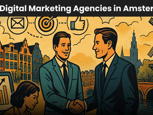 Illustration of two business professionals shaking hands in front of Amsterdam’s canals and a windmill, symbolizing partnership and marketing success, with the title “Best Digital Marketing Agencies in Amsterdam” above.