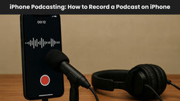 A smartphone on a stand recording audio with an external microphone, with headphones placed beside it on a wooden surface.