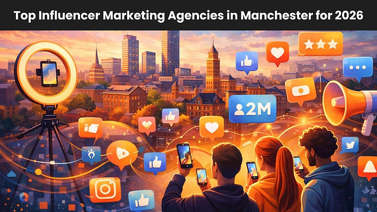 Illustration of influencers using smartphones with social media icons floating over the Manchester skyline at sunset, symbolizing influencer marketing growth.