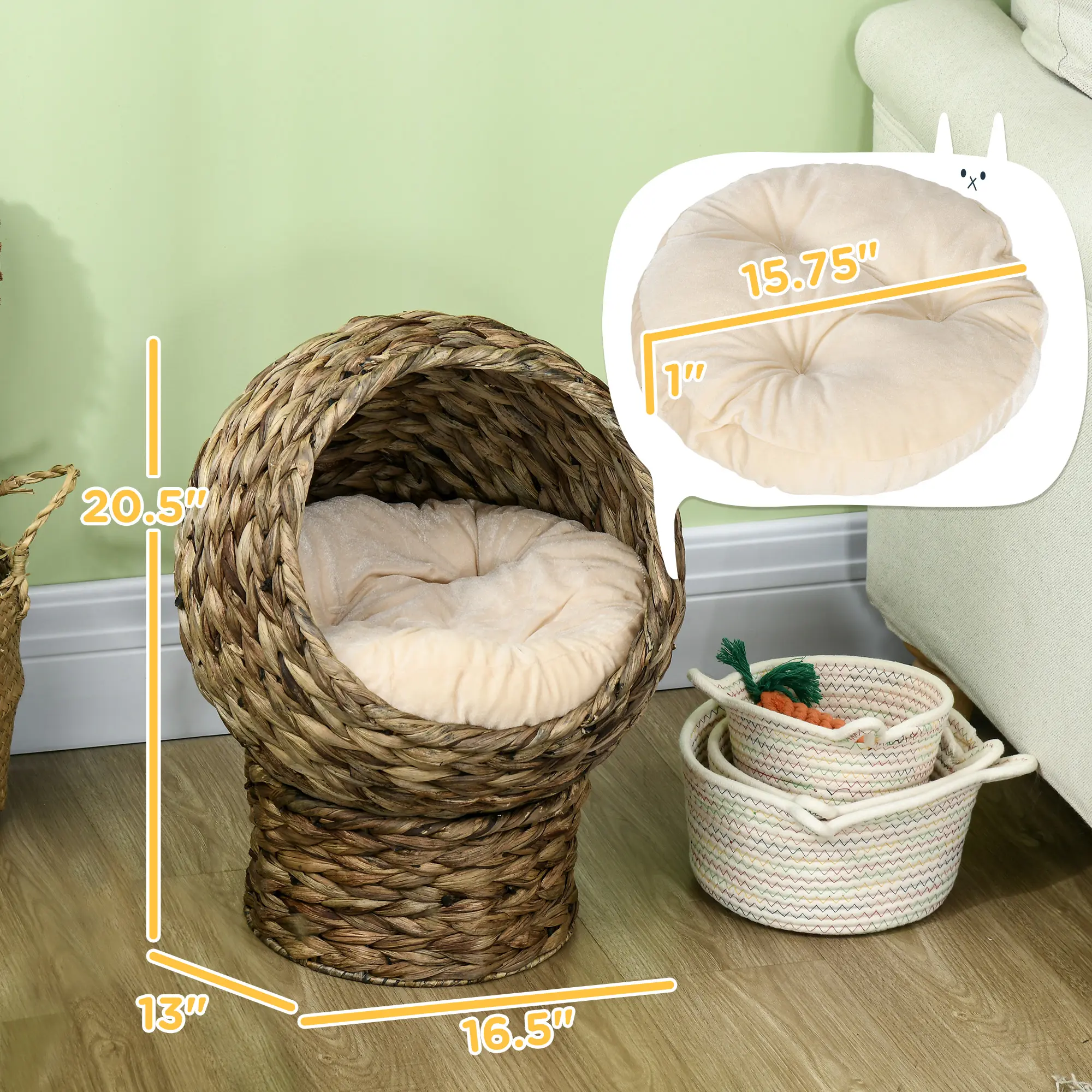 Cozy Handwoven Wicker Cat Bed with Cushion - 20" Elevated Basket Chair