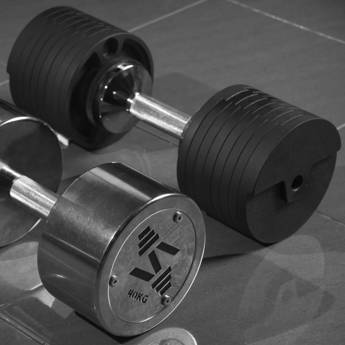 Eye-level view of a stylish adjustable dumbbell rack