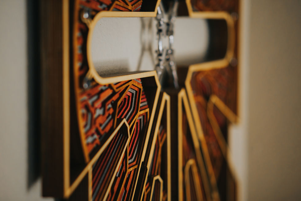 Thumbnail: A close up view of the Space Train sculpture.
