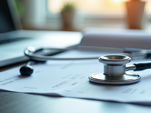 Close-up view of medical documents and a stethoscope on a desk