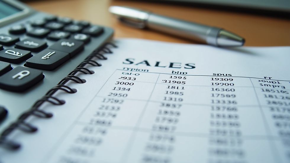 Close-up view of a calculator and notebook with book sales calculations
