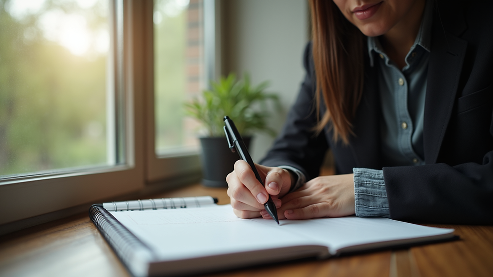 Eye-level view of a person writing in a notebook by a window with natural light