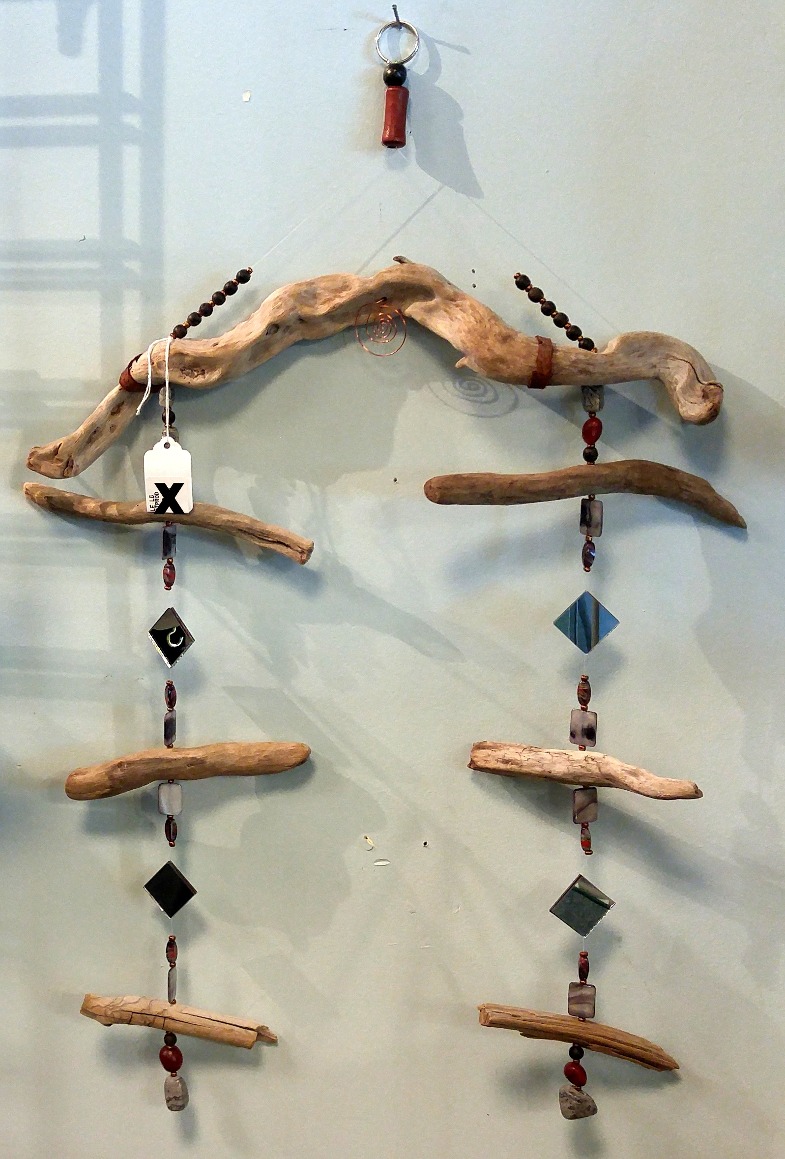 08 Double driftwood mobile, mirror tiles, jasper, shell, beads.jpg