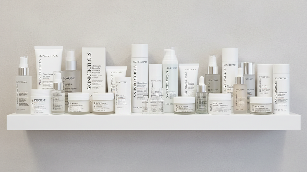 Close-up view of medical-grade skincare products arranged neatly on a shelf