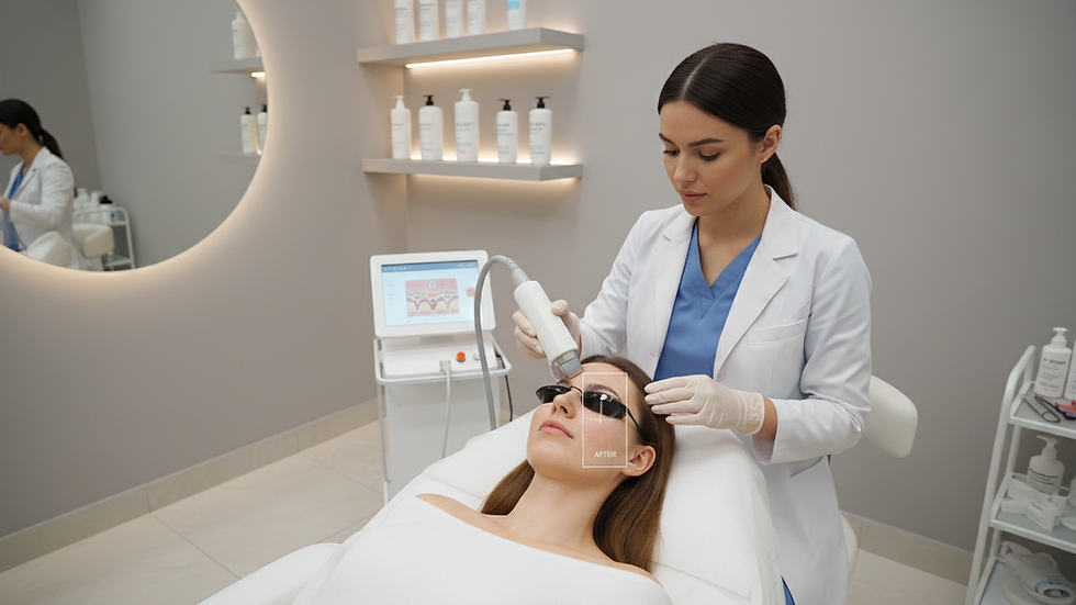 Eye-level view of a clinical consultation room with aesthetic treatment equipment