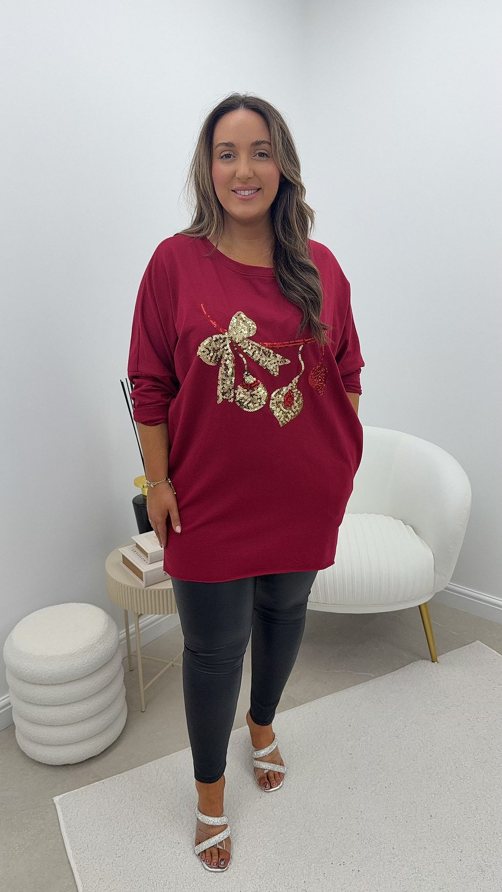 Thumbnail: Jingle Bow Bell Sequin Christmas Top Wine