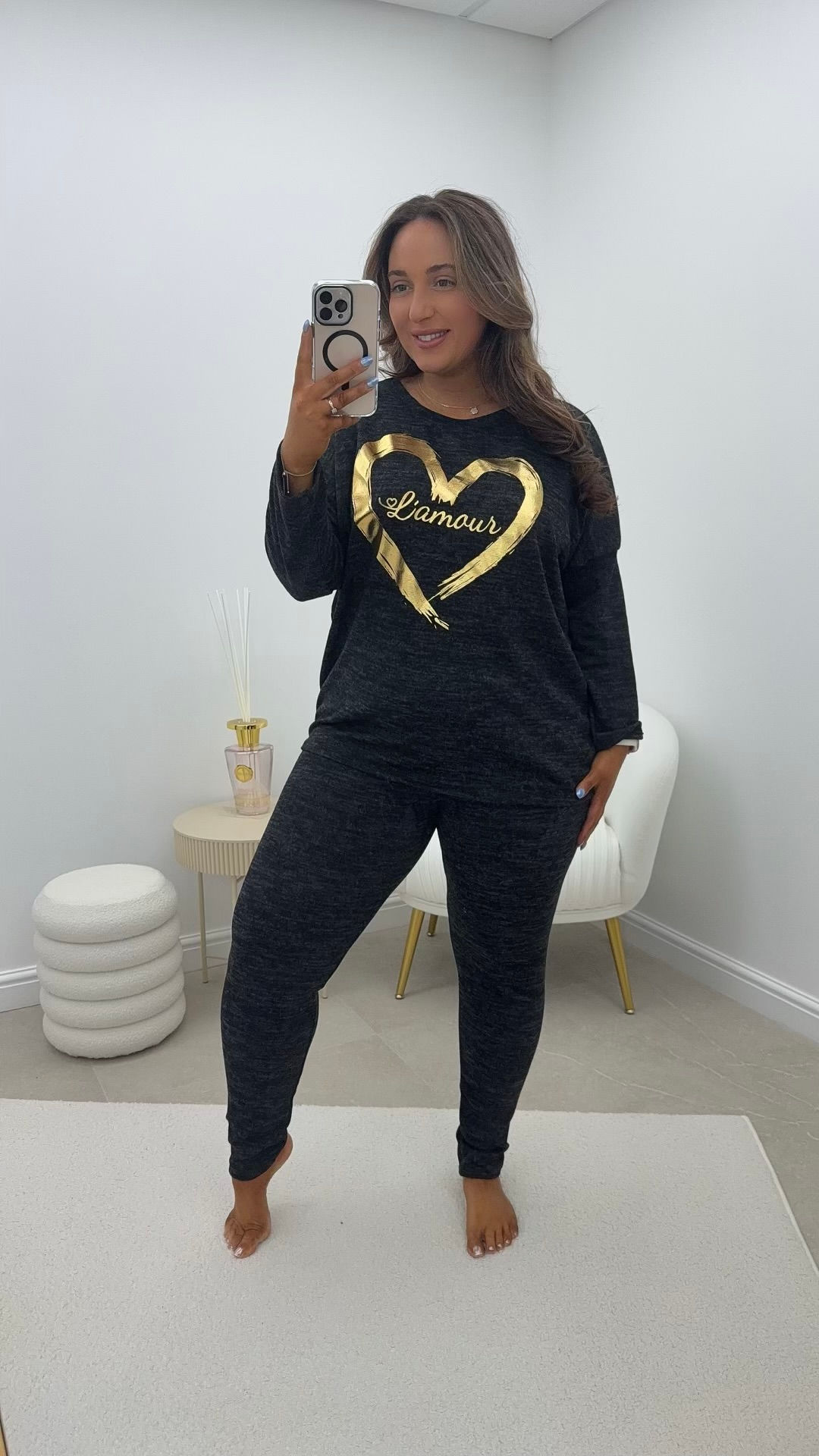 Pearl Heart Foil Shimmer Stretchy Lounge Set Black