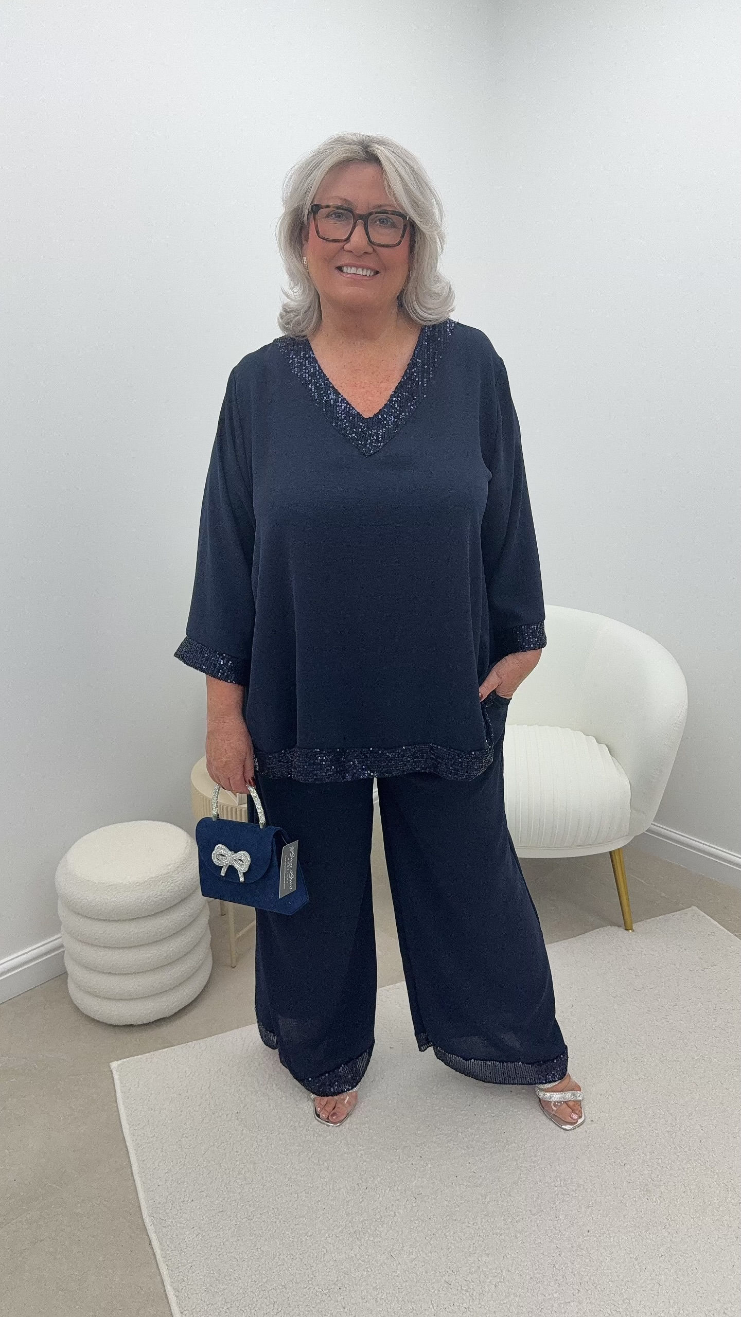 Jennifer Sparkle V Neck Trim Twin Set Navy