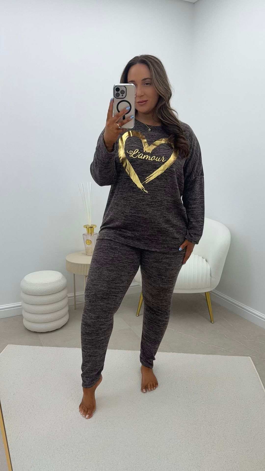 Pearl Heart Foil Shimmer Stretchy Lounge Set Chocolate
