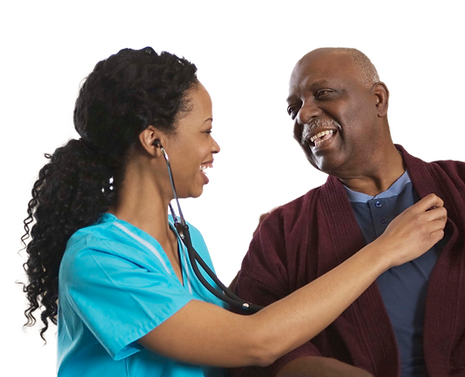 Smiling nurse checking heartbeat for Smiling senior man