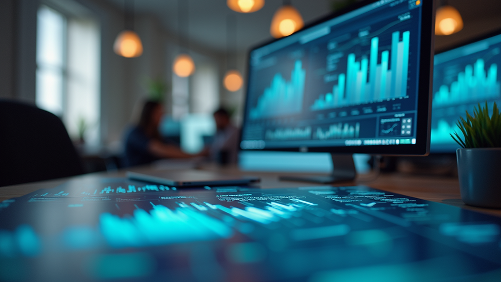 Eye-level view of a modern office workspace with data analytics tools