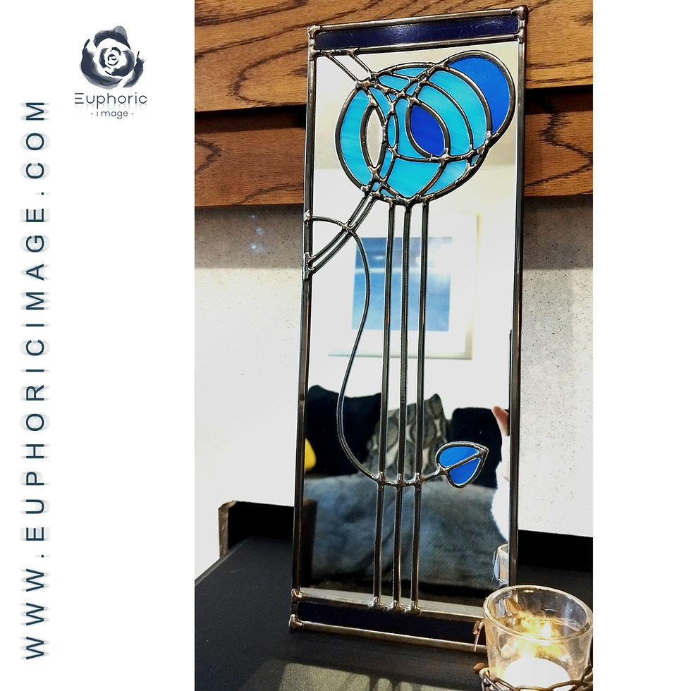 Thumbnail: Blue Mackintosh style stained glass mirror handmade gift Art nouveau 16 x 46 cm