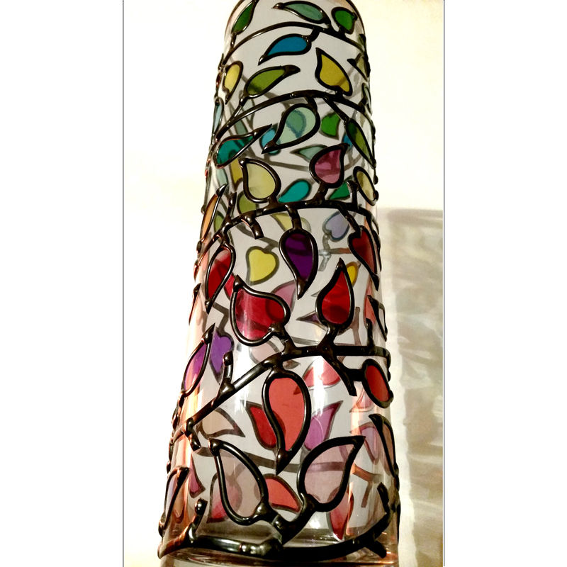 Thumbnail: Handcrafted Colourful Leafy Branch Lead Overlay Stained Glass Vase  60 x 18,5 cm