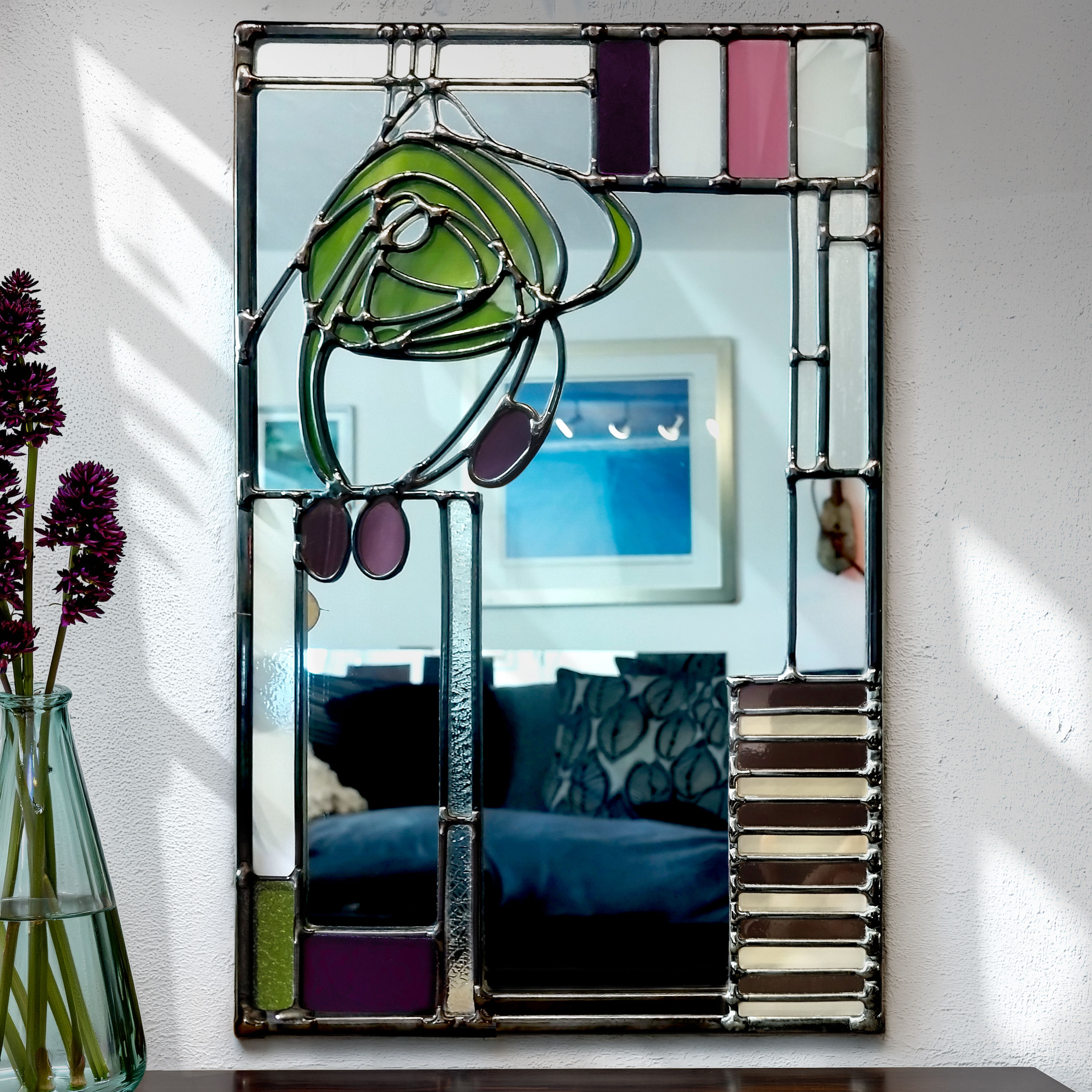 Green Mackintosh stained glass mirror handmade in Scotland
