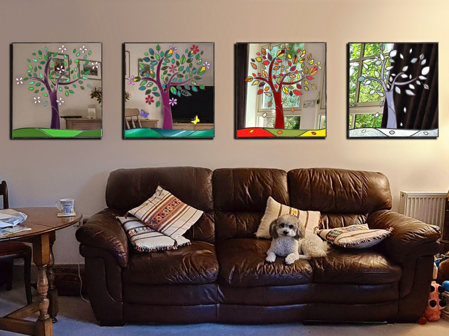 Set of Four Season Tree Design Stained Glass Mirrors. 65 cm each