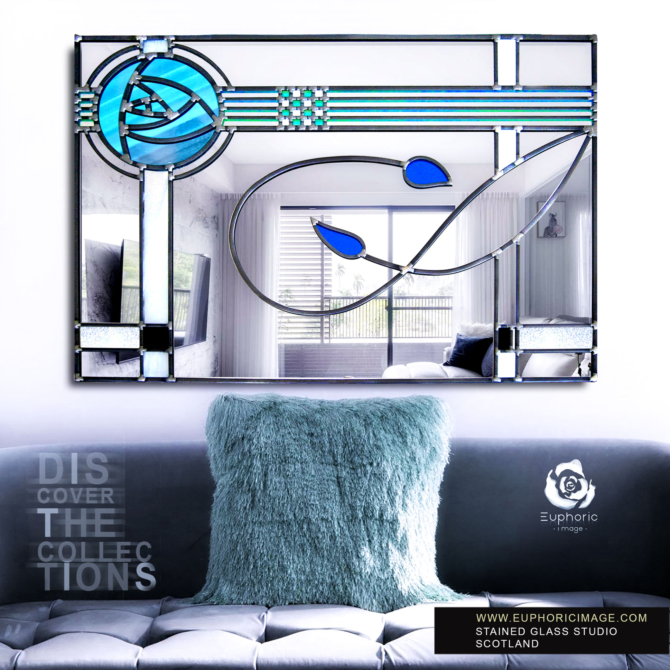 Rectangular Blue Stained glass Mackintosh inspired  mirror