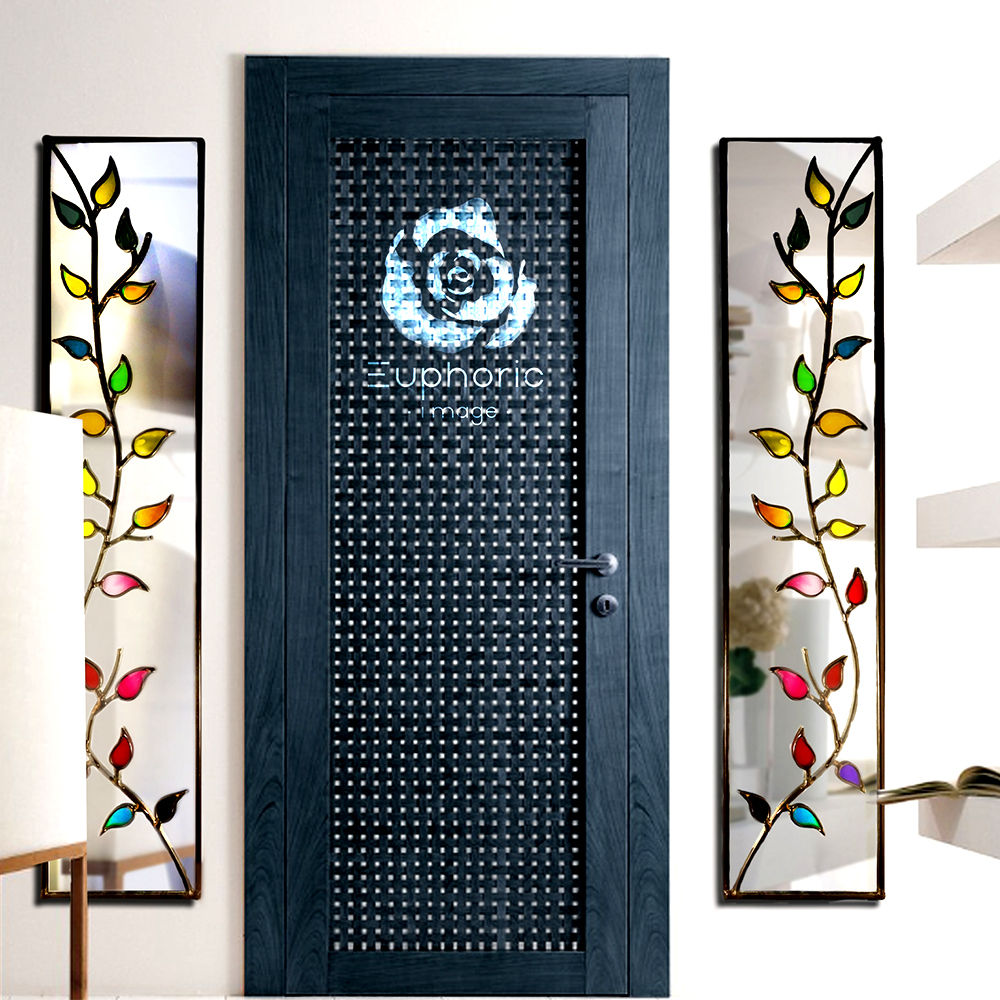 Pair of Branch Design Lead Overlay Stained Glass Mirrors  25 x 91 cm each