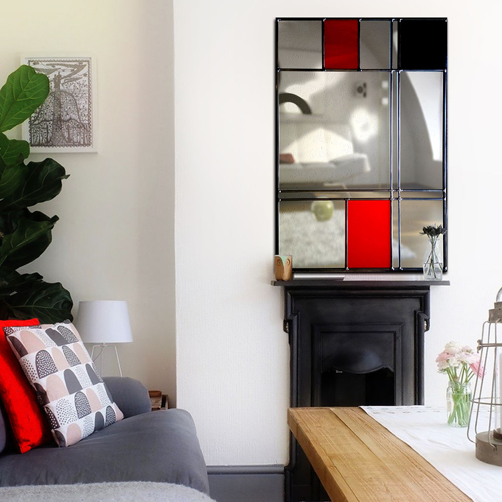 Thumbnail: Stained Glass Art Deco Mirror in Red & Black - Handmade 