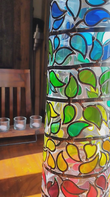 Thumbnail: Handcrafted Colourful Leafy Branch Lead Overlay Stained Glass Vase  60 x 18,5 cm